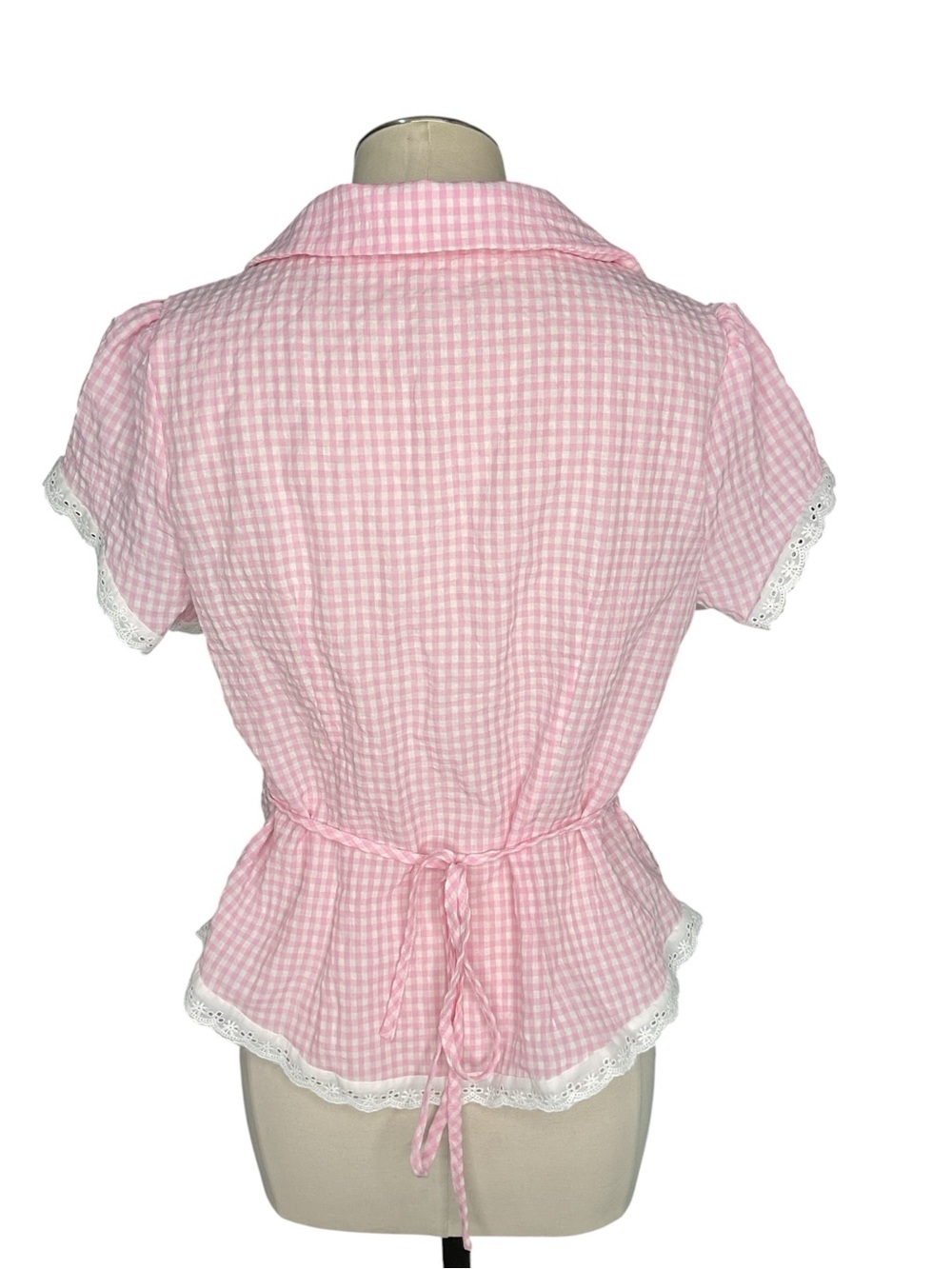 Pink Gingham Lace Trim Tie Back Blouse Cottagecore Coquette Top Medium - Picture 3 of 5